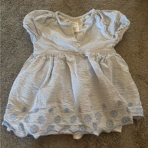 First Impressions Blue and White Striped Seersucker Dress with Floral Hem